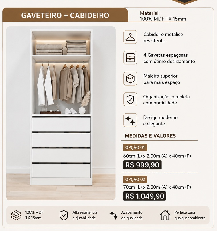 Gaveteiro + Cabideiro 60 cm — Cabideiro, maleiro superior e quatro gavetas espaçosas.