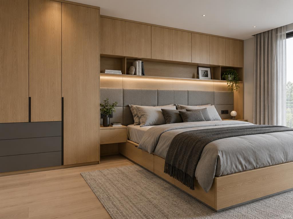 Quartos — Guarda-roupas, cabeceiras e criados com visual integrado.