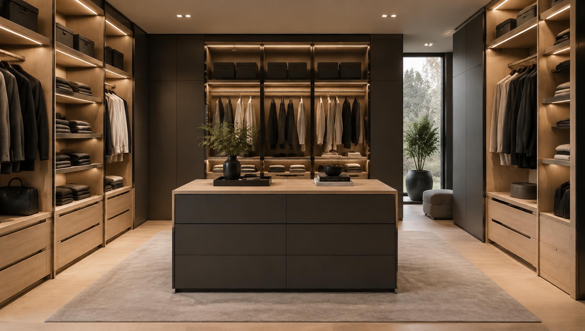 Closet modulado em madeira clara com iluminação e ilha central